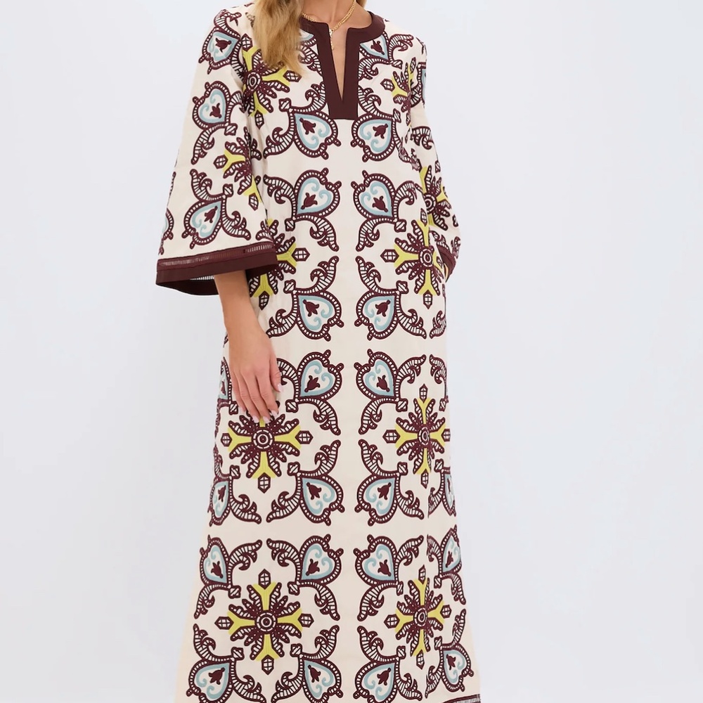 TUCKERNUCK Citron and Slate Blue Brown Embroidered Lorena Caftan Size Small EUC